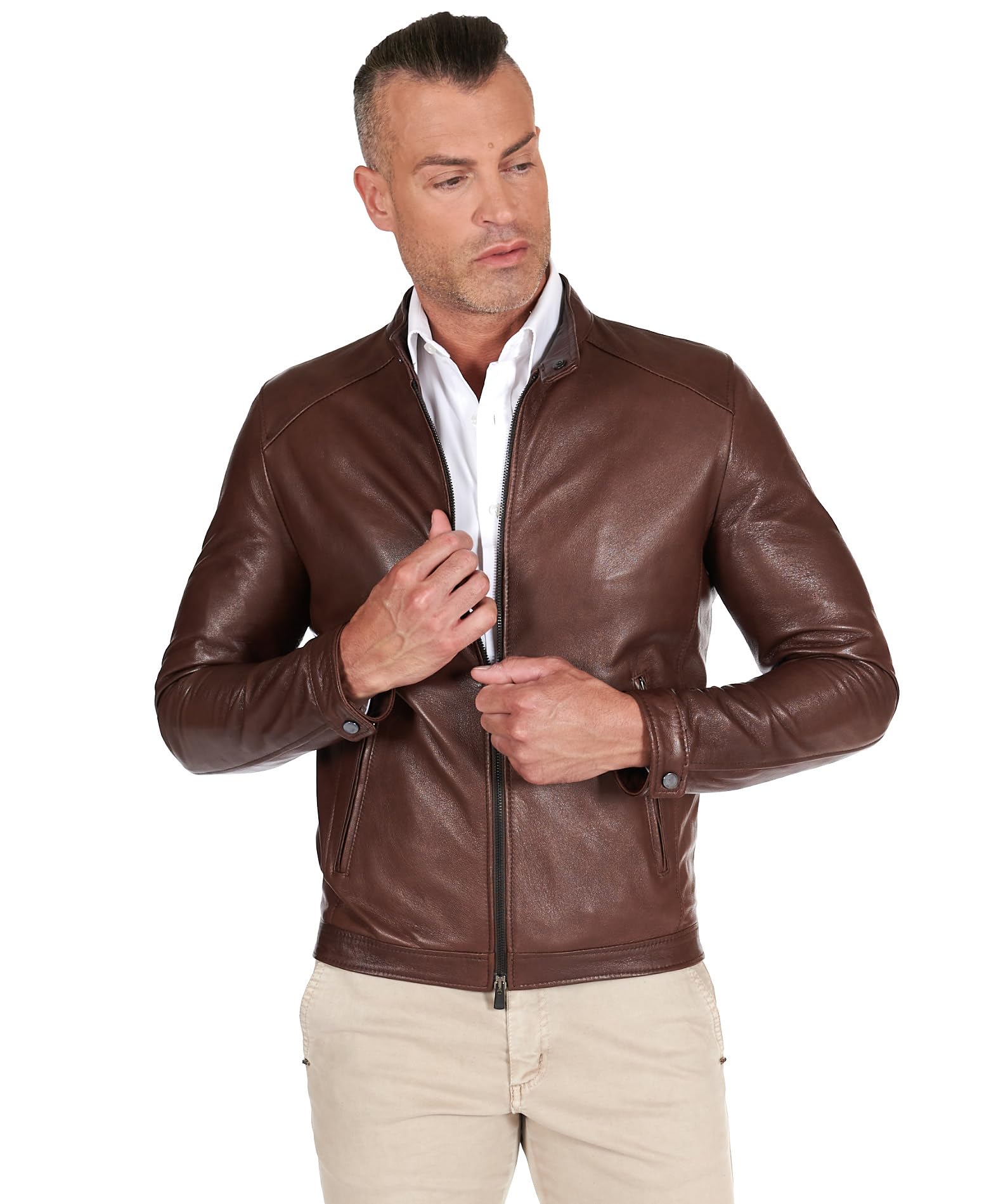 D'arienzo Men's Dark Brown Leather Biker Jacket Vintage Genuine Leather Made In Italy Ted 52/L