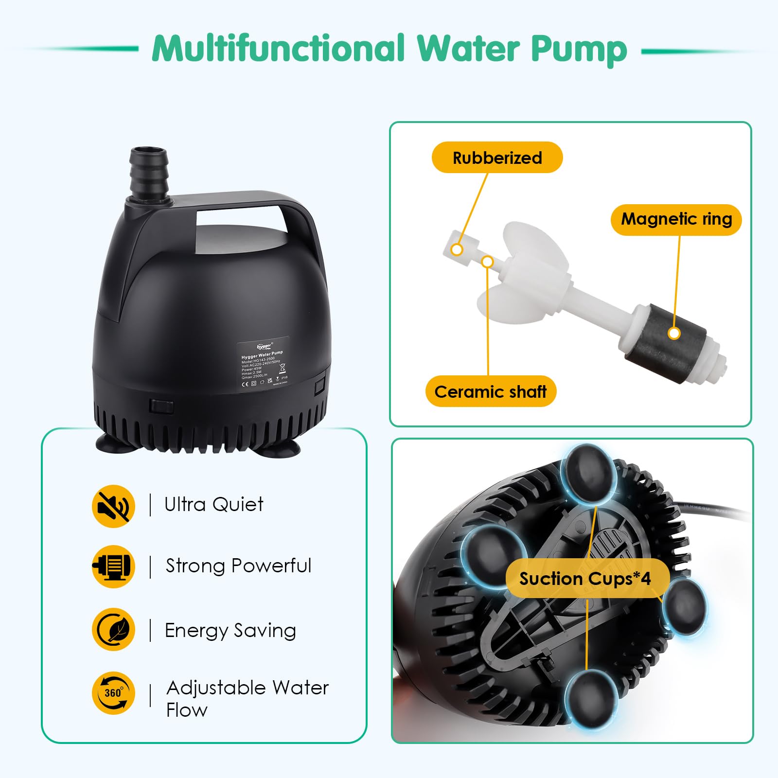 hygger Pompa per Acqua,3500L/H Pompa Sommersa Fish Tank Water Pump for Fountain Pond Hydroponic Statuary Waterfall,70W Aquarium Water Pump con 2 Ugelli