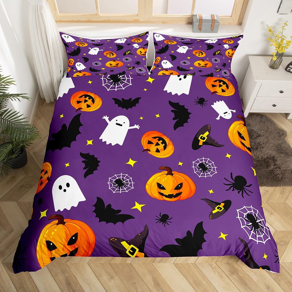 Manfei Cute Halloween Duvet Cover Set King Size, Pumpkin Lantern Ghost Bedding Set 3pcs for Kids Boys Girls, Black Spider Bat Comforter Cover Soft Polyester Quilt Cover with 2 Pillowcases,No Comforter