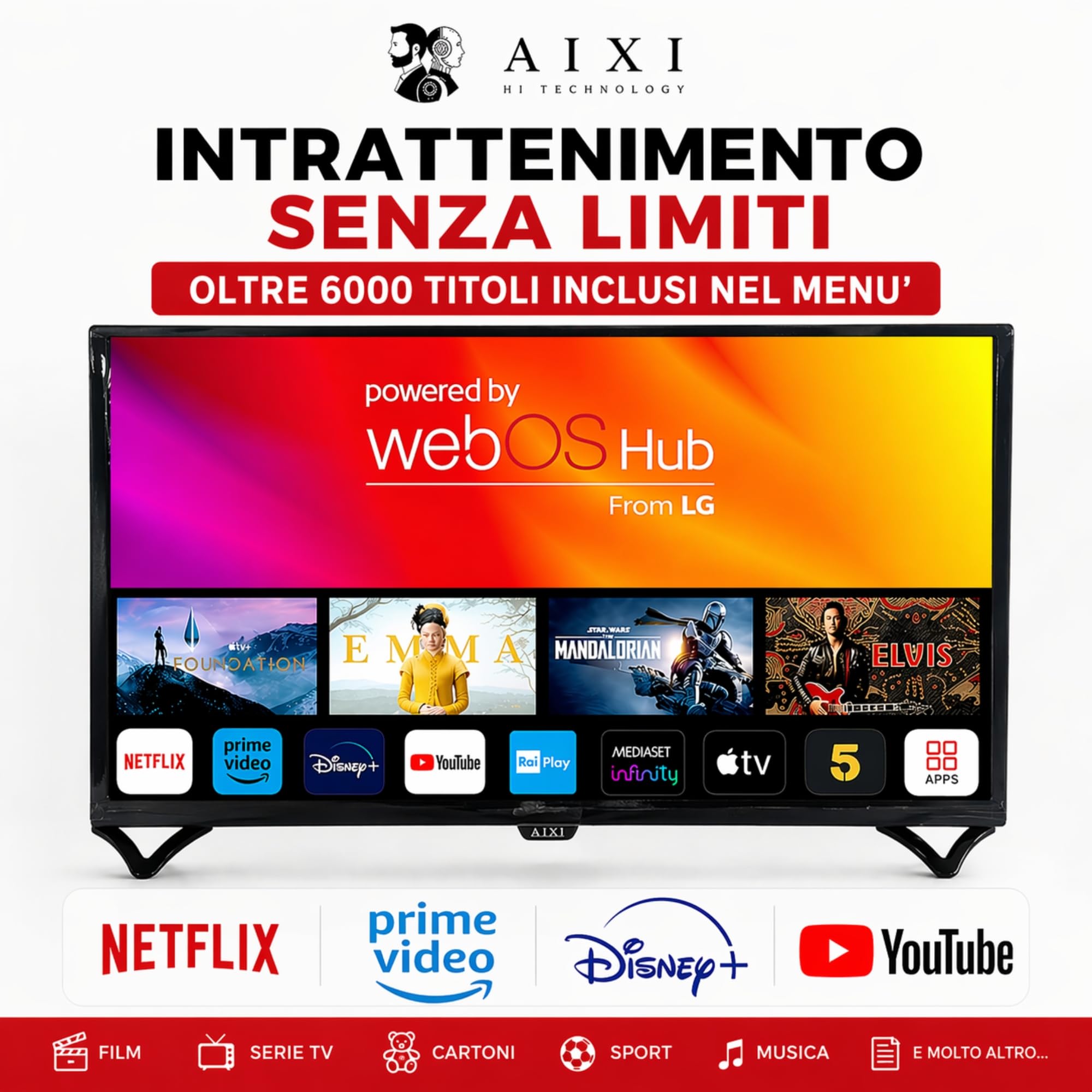 Generico Smart TV 32" - HD Ready (1366×768), Wifi, Bluetooth, 2 USB - 3 HDMI, Sistema WebOS hub, oltre 6000 Film Documentari Inclusi - App Integrate, Telecomando