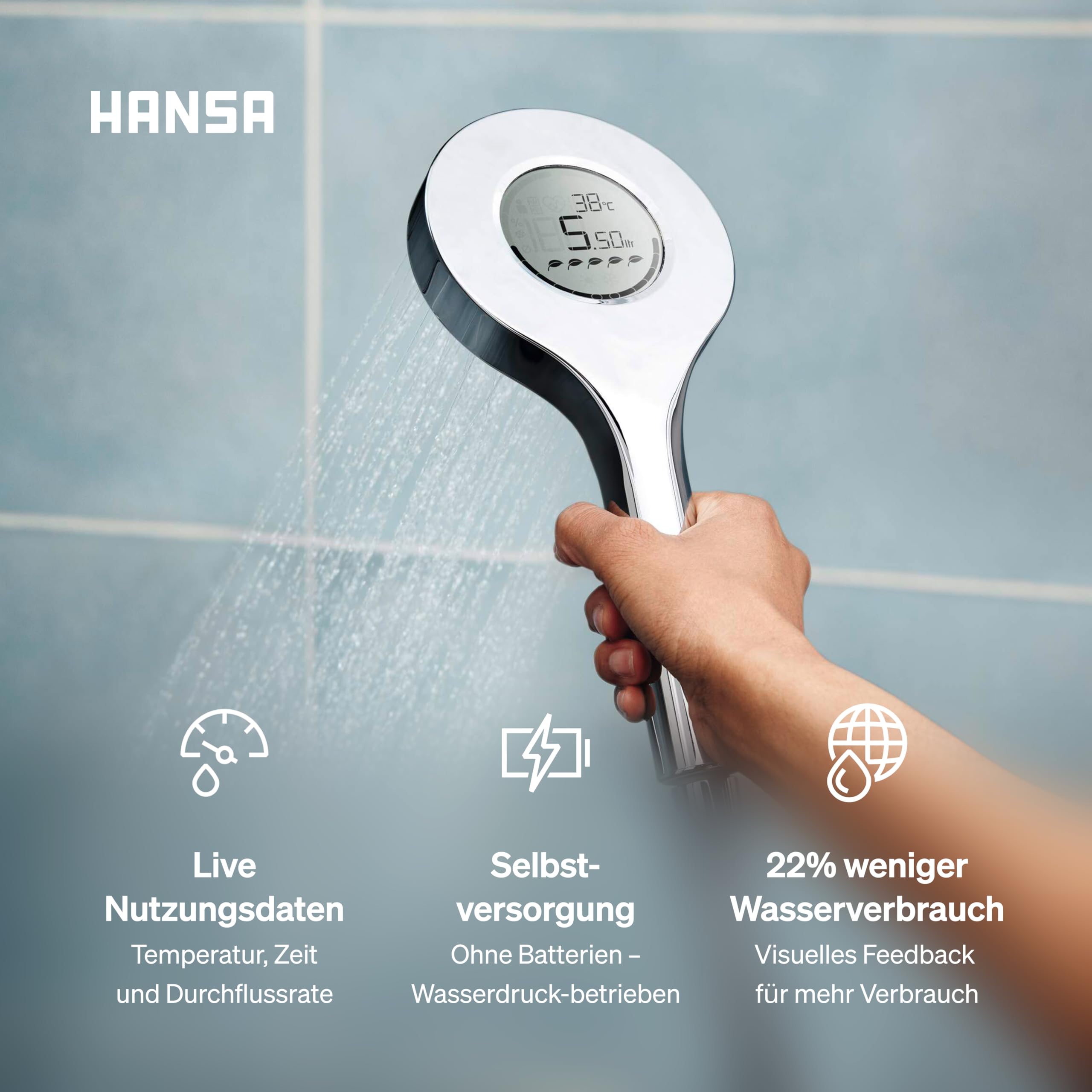 HANSA ACTIVEJET Digital Duschkopf 120mm | Bluetoothfähige Duschbrause mit digitaler Echtzeit LED Anzeige I Wassersparende Duschbrause mit Antikalk Technik I Brausekopf Dusche I G1/2 | Chrom