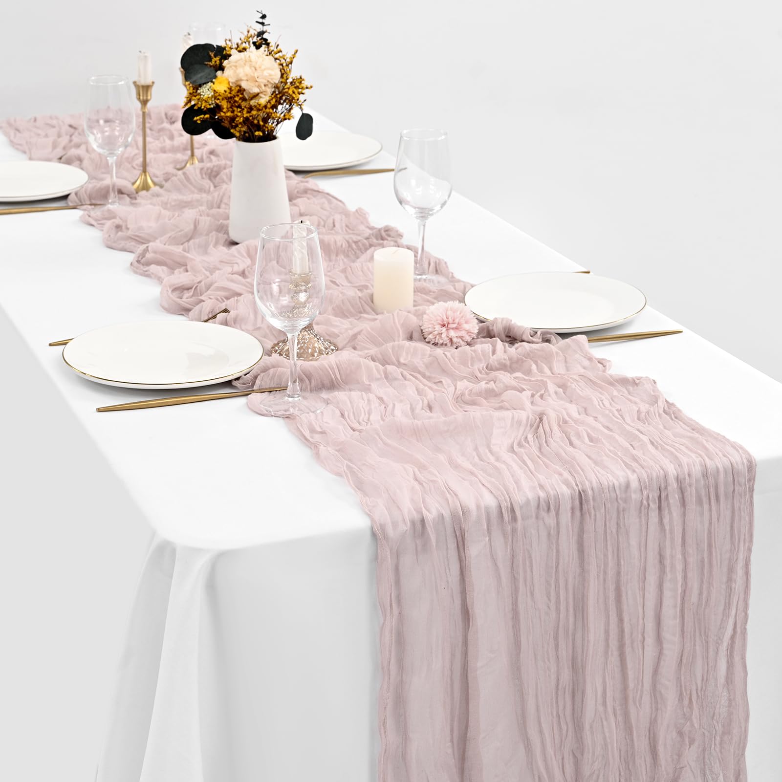 Paquete de 12 caminos de mesa de gasa rosa polvoriento, 35 x 120 pulgadas, 10 pies, camino de mesa rústico bohemio para boda, despedida de soltera, graduación, banquete, decoración de mesa
