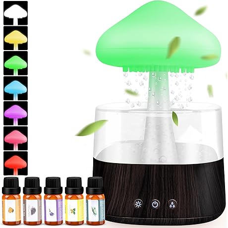 Rain Cloud Humidifier Water Drip, Mushroom Rain Cloud Diffuser with 5 Essential...
