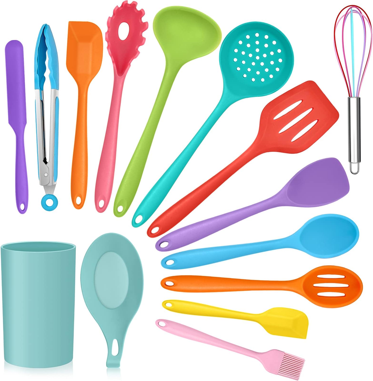 Kitchen Utensils Set, E-far 15-Piece Silicone Cooking Utensils with Holder, Non-stick Cookware Friendly & Heat Resistant, Includes Ladle Spatula Spoon Slotted Turner for Cooking & Baking (Colorful)