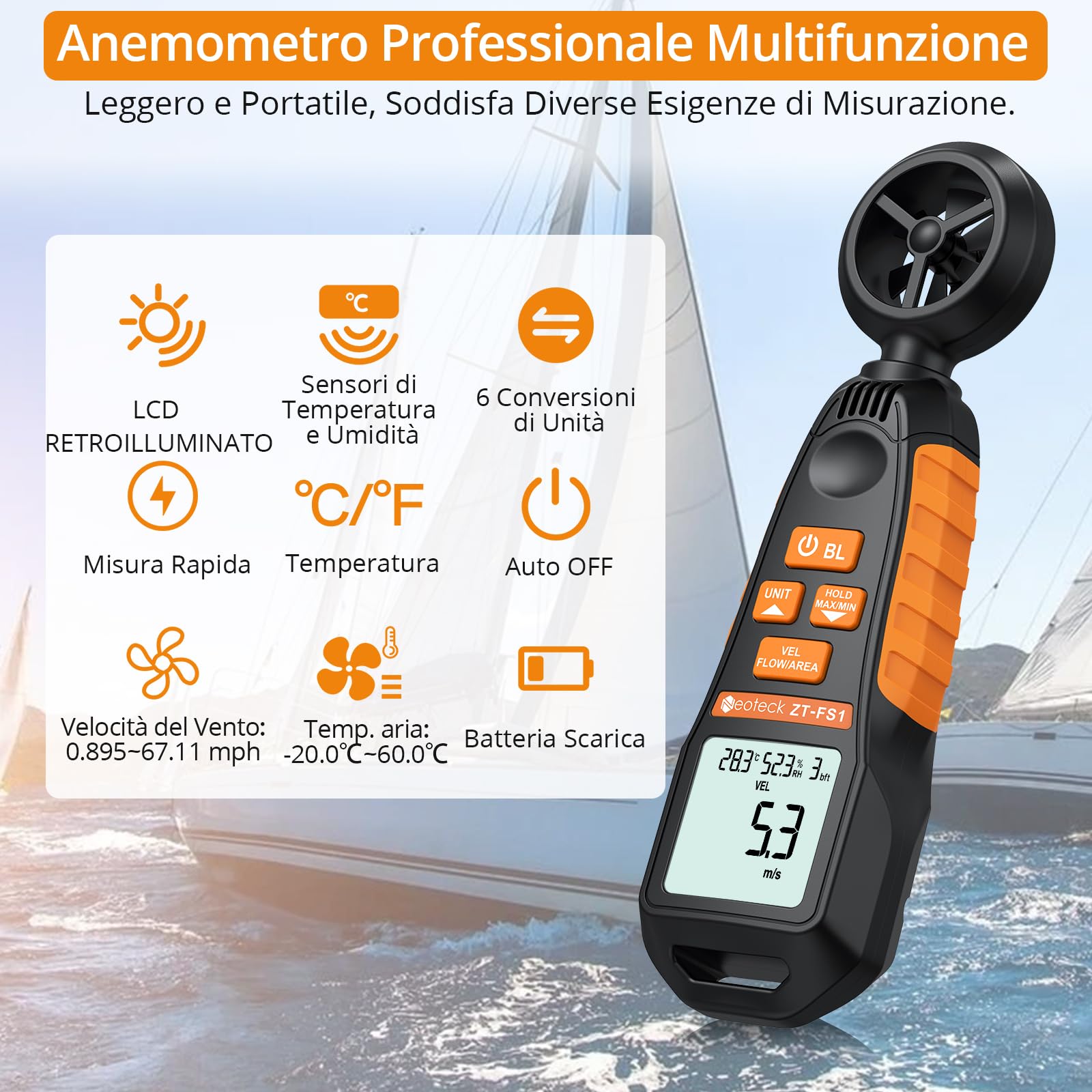 Neoteck Anemometro Digitale con LCD Retroilluminato Misuratore di Velocità del Vento Misura la Temperatura e Umidità del Vento Velocità CFM Anemometro per Barca Windsurf Vela Attività all'aperto