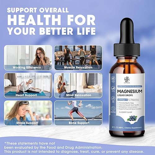 Miniatura 10 de Paquete de 2 gotas líquidas de glicinato de magnesio con citrato, óxido y taurato, magnesio calmante con omega3, L-teanina, D3, B6, B12 para calma