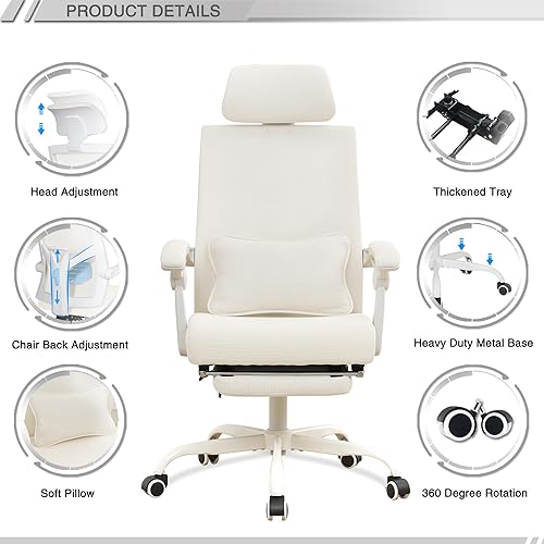 Miniatura 6 de Qulomvs - Silla de oficina de malla ergonómica con reposapiés, reposacabezas y respaldo ajustable 90-135, silla de escritorio para computadora con