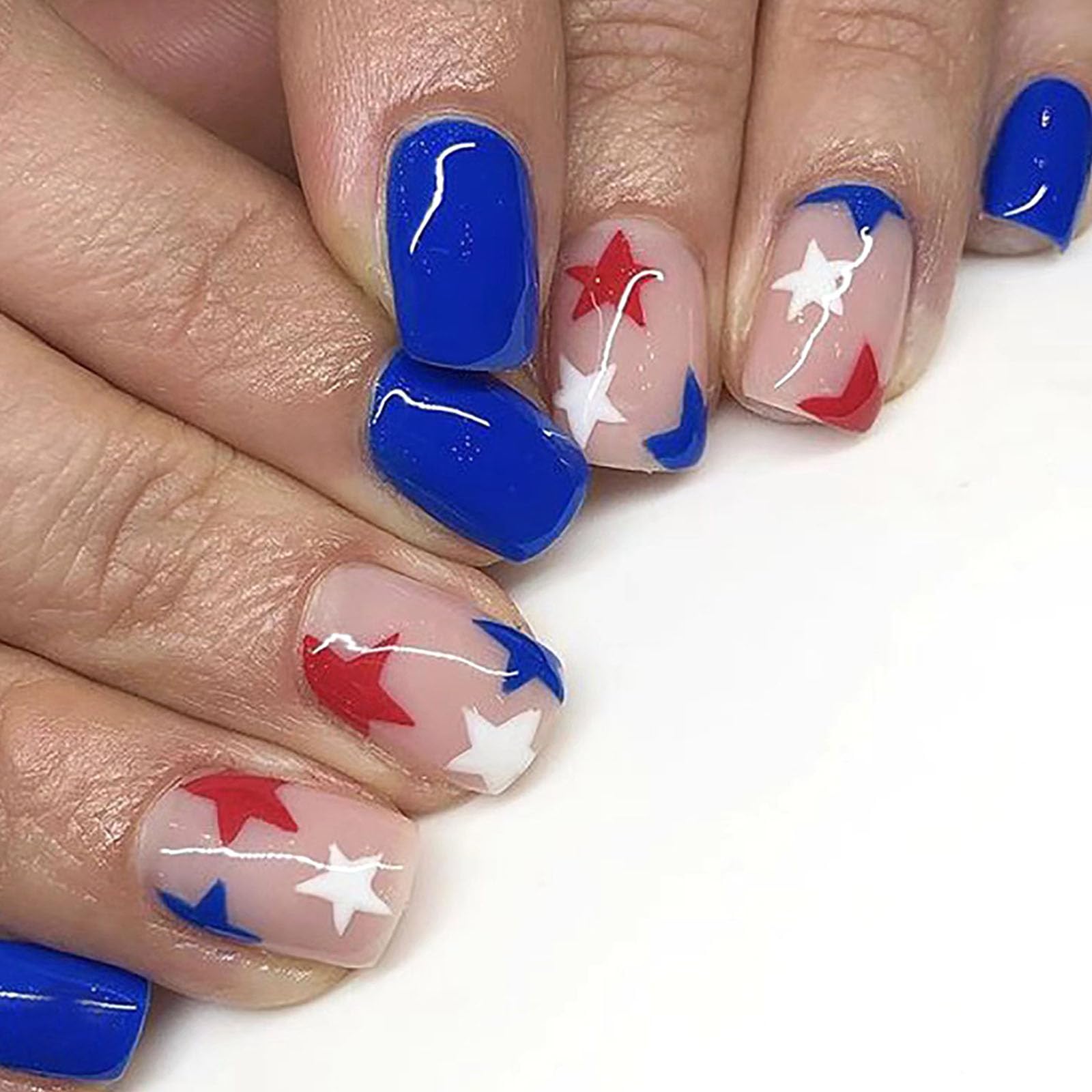 Fourth of July Press on Nails Short Fake Nails with Stars Designs Square Nails Press ons Glossy Glue on Nails Blue Full Cover Independence Day Stick