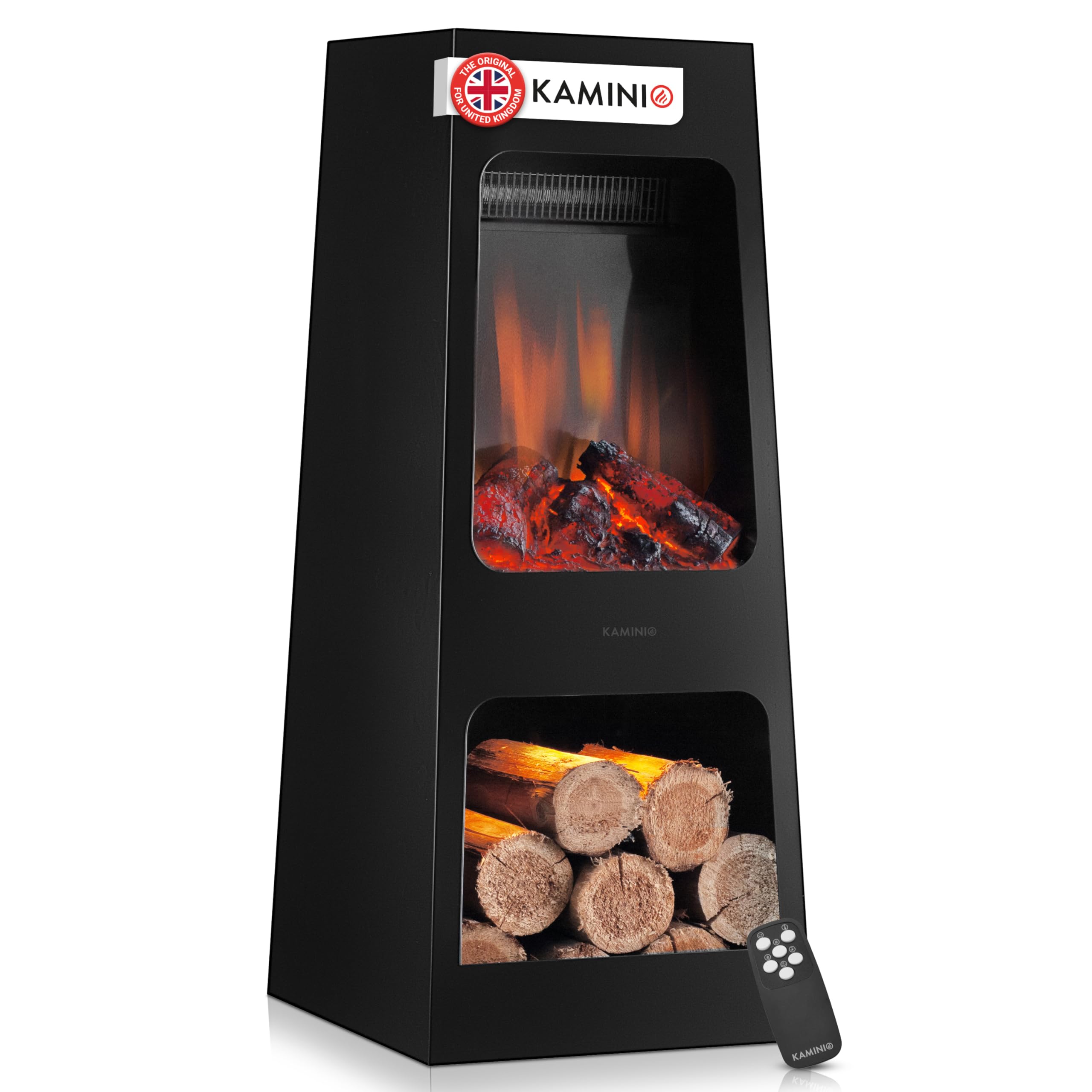 Kaminio Black Electric Garden Fireplace Kai - Electrical Freestanding Patio Stove With Heater, 3D Flame Effect, Led Mood Light, Wood Storage Compartment, Remote Control - (Large)