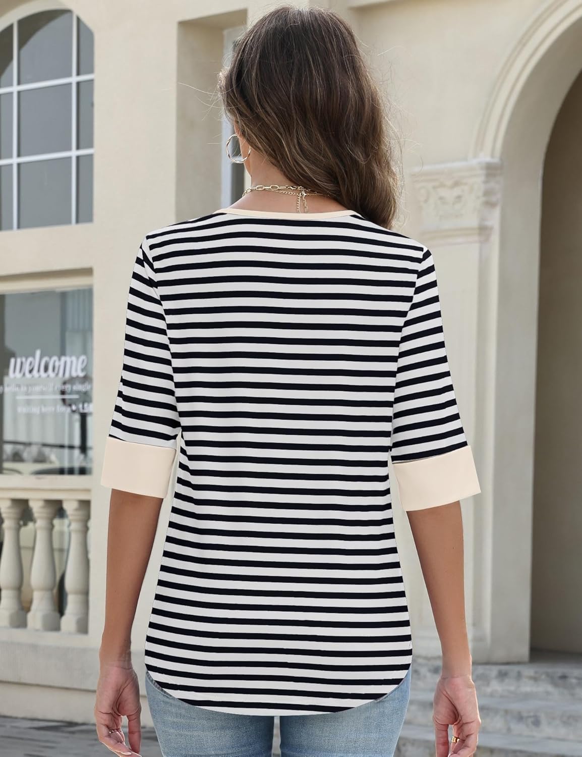 LOMON Spring Tops for Women Dressy Casual 3/4 Length Sleeve Striped Shirts Fashion V Neck Blouses 2026 - Image 4