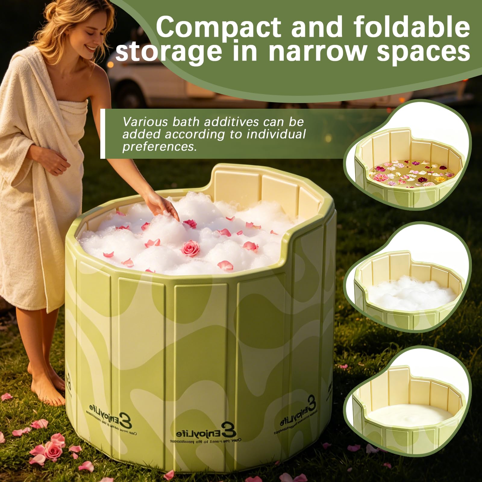 Baignoire Pliable Adulte, 80x70cm (BxH) Baignoire Portable avec Dossier en C Ergonomique Bassin d'Immersion pour Bain de Glace et Bain Chaud pour Douche Extérieur et Spa
