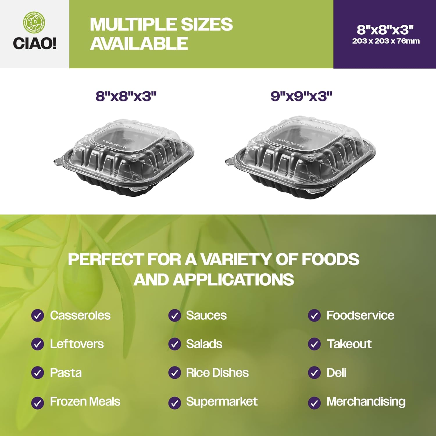 CIAO! 8"x8"x3" Polypropylene Black bottom with Clear Lid Hinged Container 3 Compartment Take Out Container, Microwavable, Recyclable and Reusable, (Case of 150)