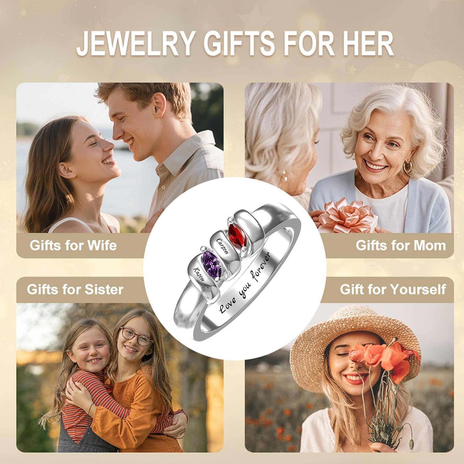 1-6 Birthstones Promise Ring for Women Custom Marquise Birthstones Mother Rings Solid 10K/14K/18K White Yellow Rose Gold Engraved Names Engagement Mother Day Rings for Her Wife Mom