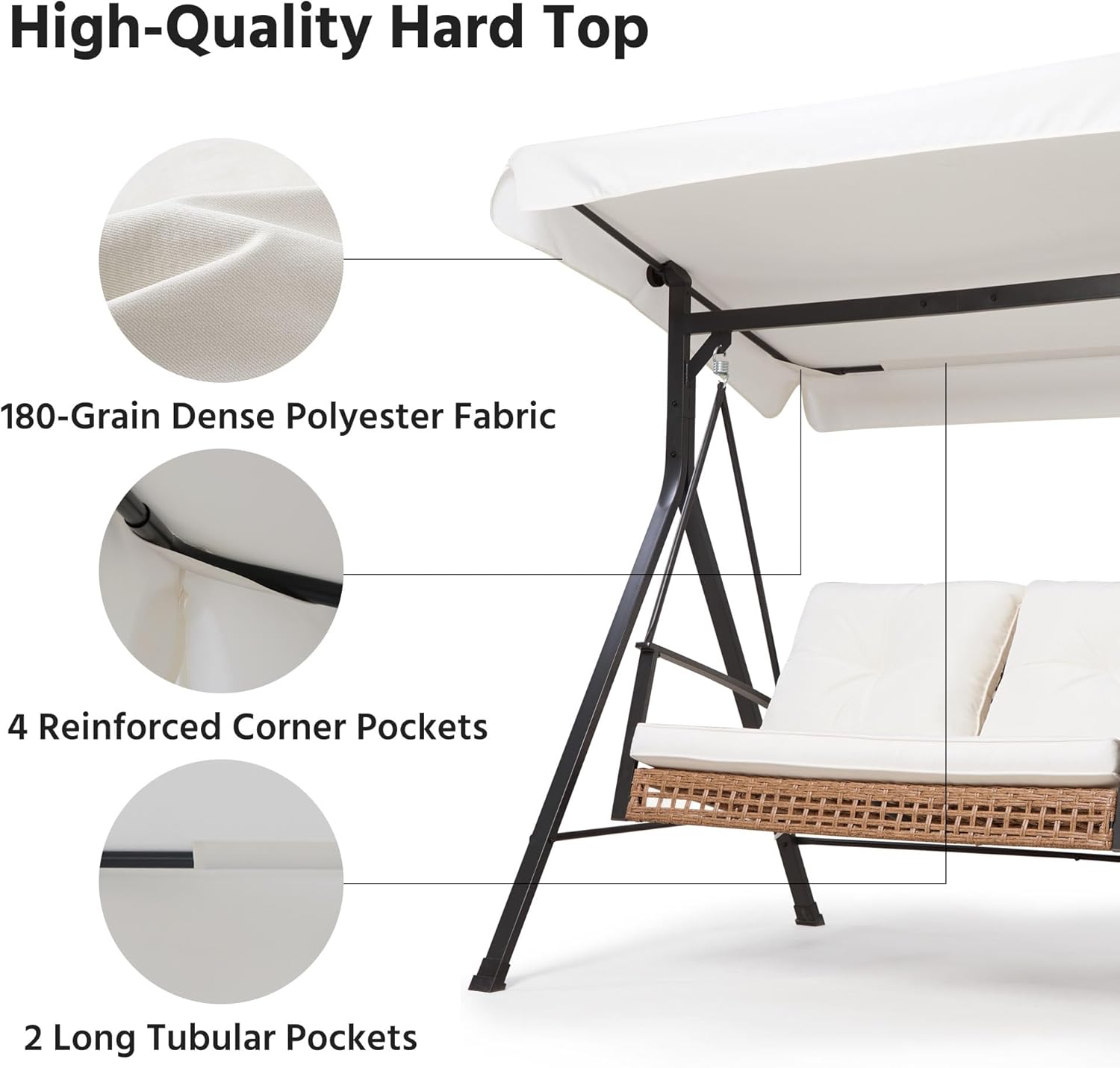 LAUSAINT HOME Porch Swing with Stand, 2 Person Wicker Patio Swing Chair with Adjustable Canopy & Thick Cushions, Heavy Duty Rattan Outdoor Swing for Garden, Backyard, Deck, Beige