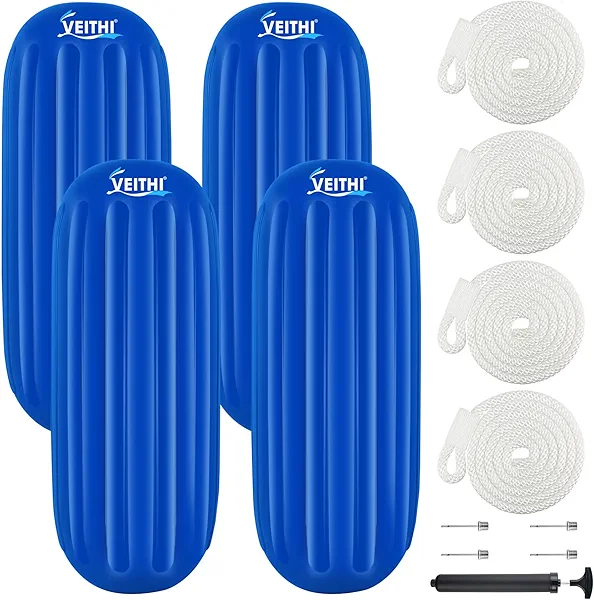 VEITHI 6/8/10 inch Boat Fenders 4 Pack, Hole Through Middle Vinyl Boat Bumpers Fenders, Boat Bumpers for Docking Come with Ropes Needles and Pump, Inflatable Ribbed Boat Dock Bumpers for Pontoon Yacht