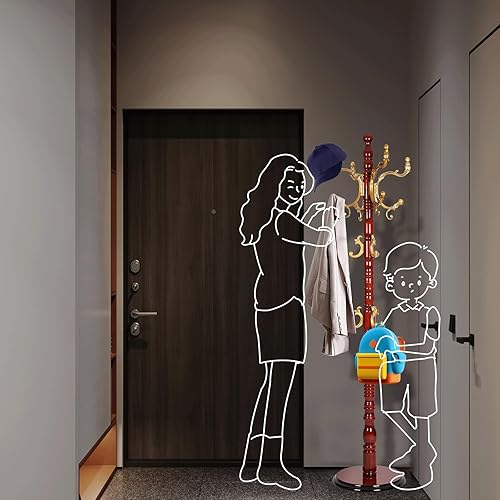 Miniatura 7 de Percheros de pie con 14 ganchos, perchero de madera natural con base redonda sólida, percheros de altura ajustable, fácil montaje para pasillo,