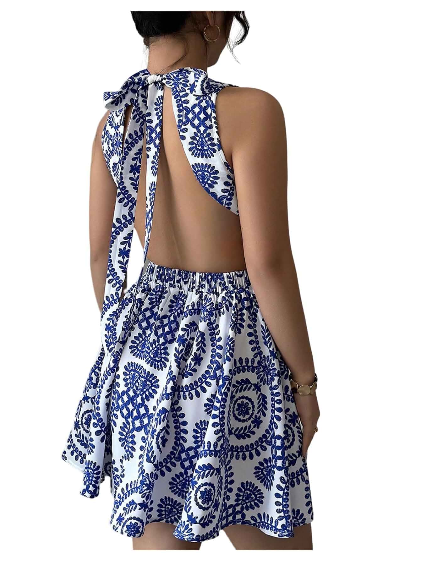 Floerns Women's Boho Paisley Halter Backless Crew Neck Casual Mini Dress Summer, Boho Style, Backless Dress, Halter Neck, Crew Neck, Paisley Print, Casual, Mini, Sundress