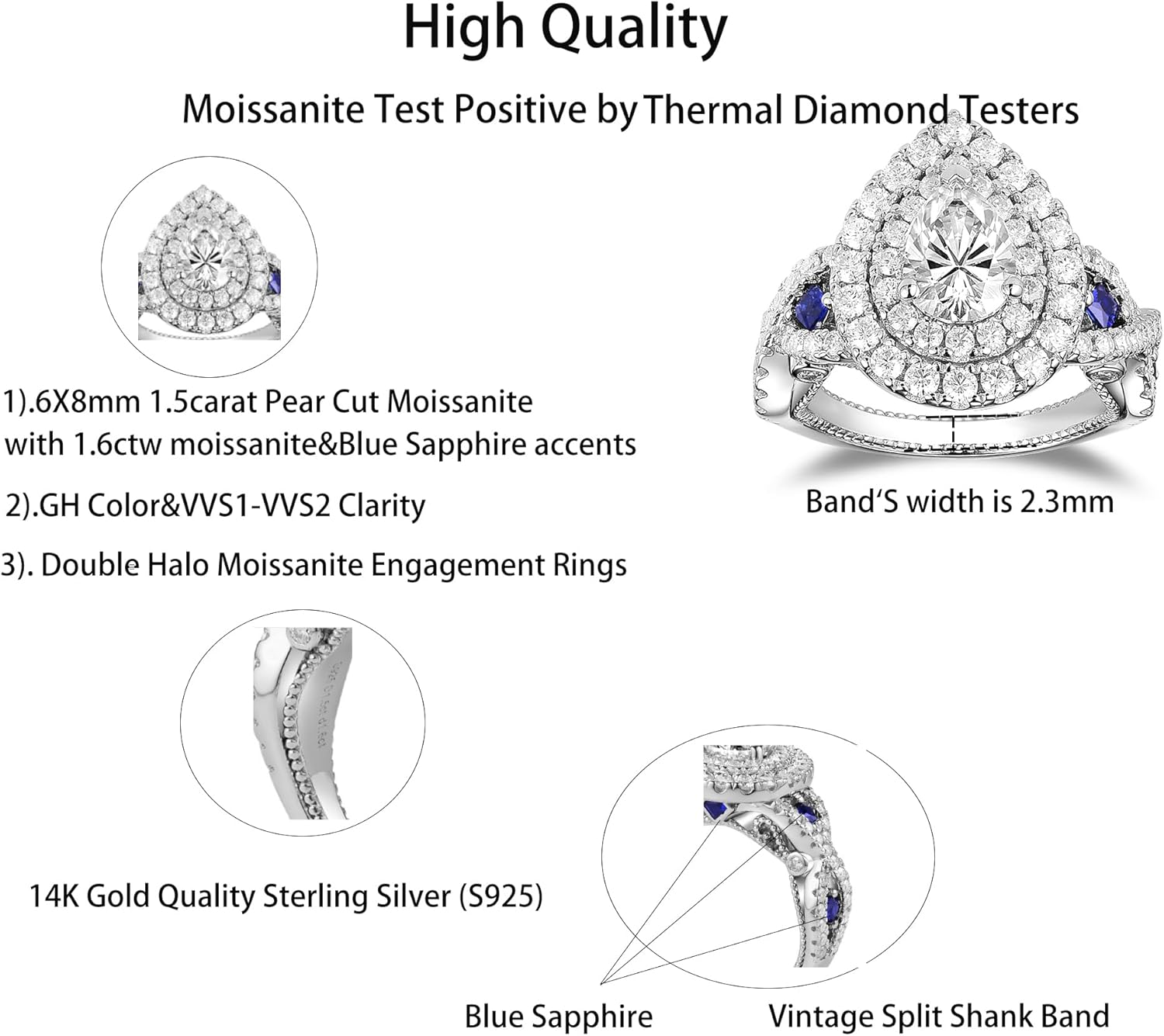 DovEggs Moissanite Engagement Ring for Women 3ctw Total 6x8mm F-G-H Color Pear Cut Vintage Halo Split Shank Wedding Rings Moissanite&Blue Sapphire Sterling Silver with 18K White Gold Plated