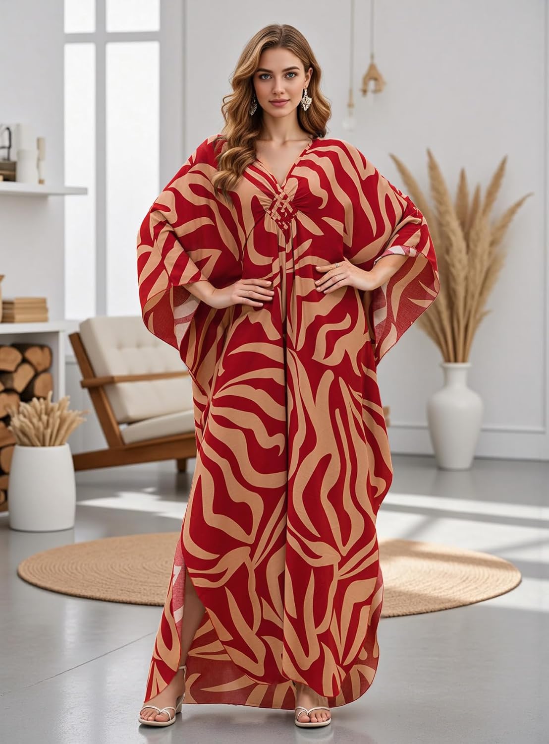 Women's Plus Size Kaftan Dress - Batwing Sleeve Long Beach Cover Up Maxi Dress Swimsuit Cover Loungewear - Image 2