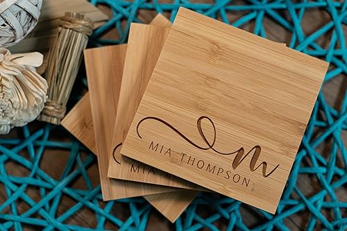 Miniatura 6 de Personalized Bamboo Coasters, Set of 4 Square Custom Coaster with Holder, Customized Gift Ideas for Christmas, Anniversary, Housewarming, Birthday,