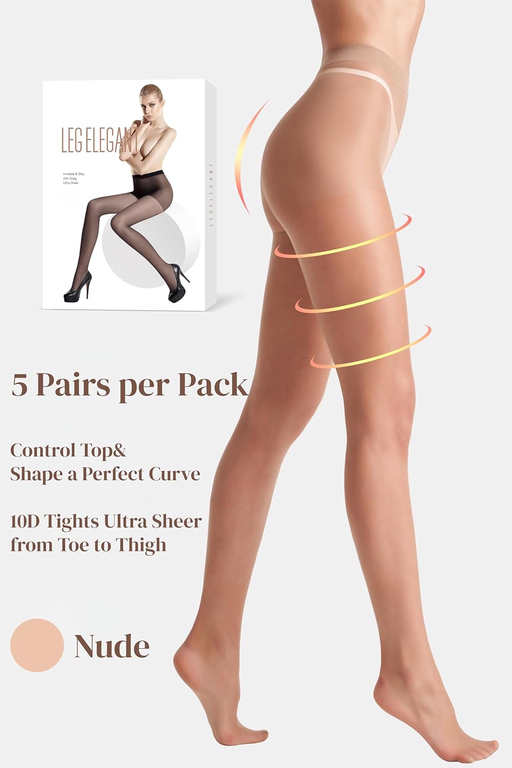 leg elegant 5 Pairs 10D Women's Sheer Tights Ultra Sheer Pantyhose with Control Top - Image 4