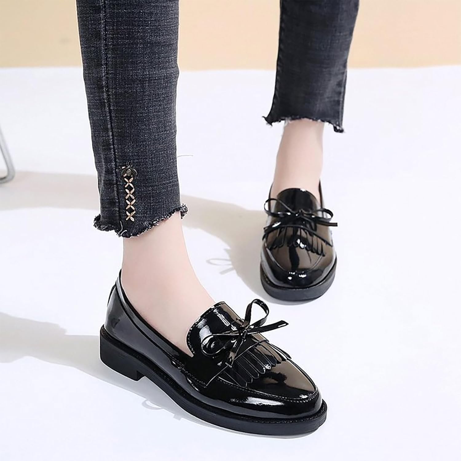 Tassel Loafers for Women's Patent Leather Low Chunky Heel Bow Dress Shoes Fashion Slip-On Block Heel Slip-On Uniform Office Office Shoes - Image 2