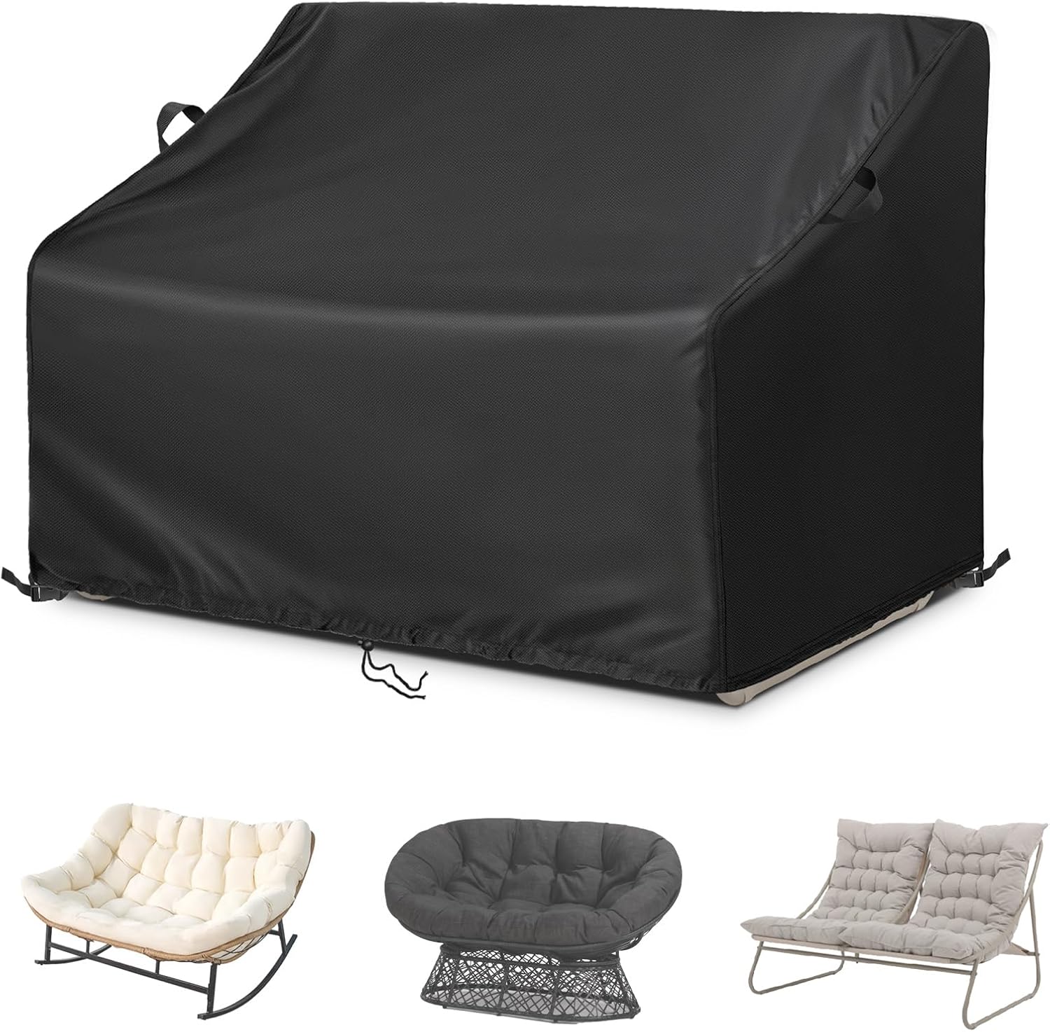 Kasla Patio Double Chair Cover, Waterproof Heavy Duty Cover for Outdoor Loveseat & Glinder Bench & Papasan Rocking Chair & Outdoor Couch & Outside Sofa (Black, 60"L×43"W×33"H)