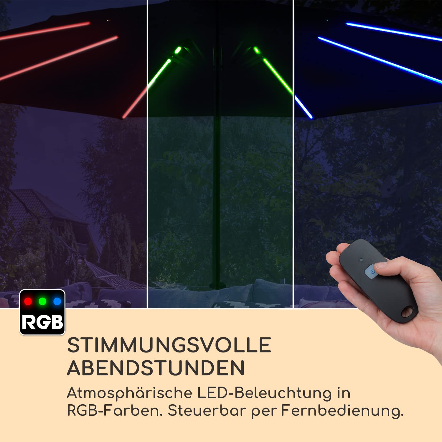 blumfeldt Calais Sonnenschirm, 300 cm x 265 cm höhenverstellbarer und faltbarer Gartenschirm mit Solar-LED-Beleuchtung und UV-Schutz Wasserdichter Sonnenschutz für Balkon, Terrasse und Gartenschirm