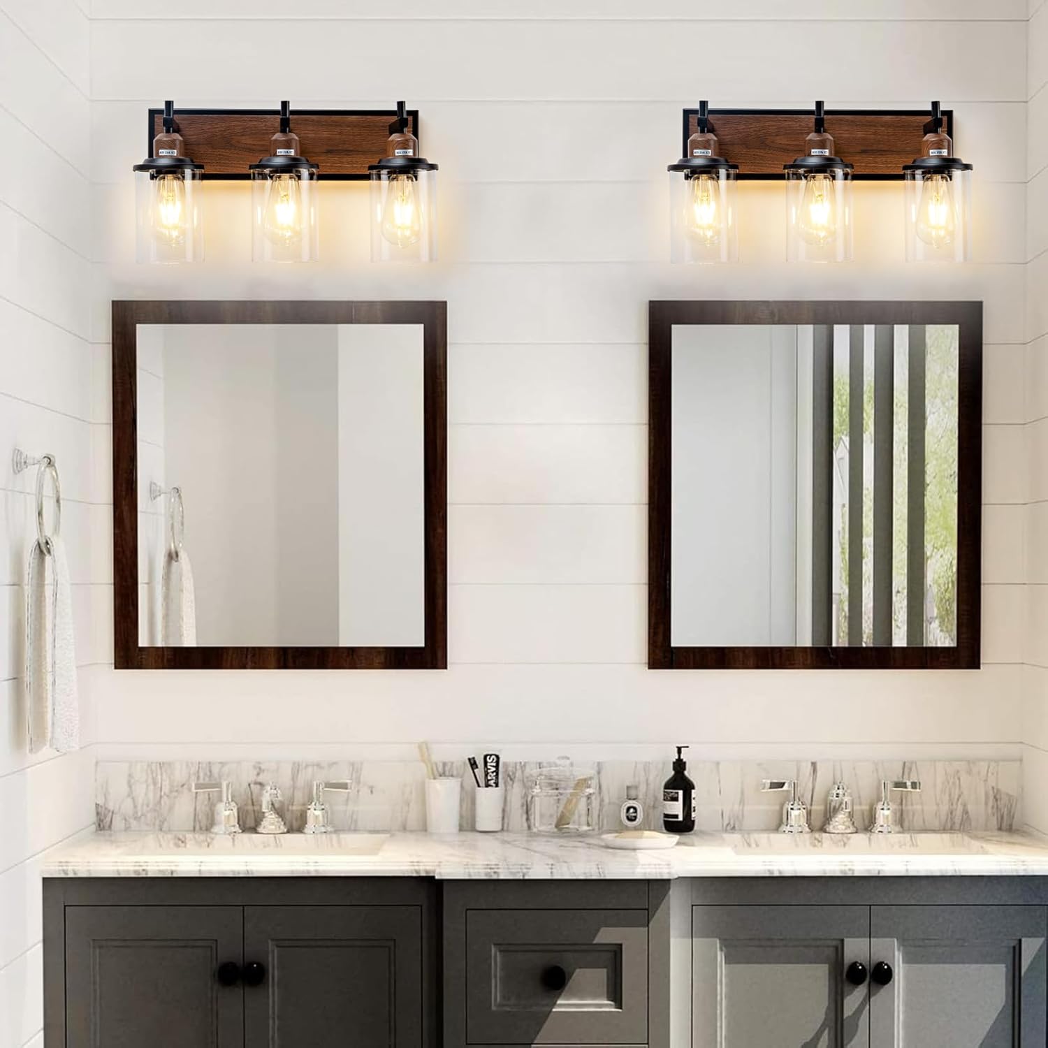 Condition photo showing New/Like New for 3-Light Farmhouse Bathroom Light Fixtures Vintage Vanity Lights Over Mirror Black and Wood Painted Metal Vanity Light with Glass Shades E26 Socket Black and Wood-painted 3-Light