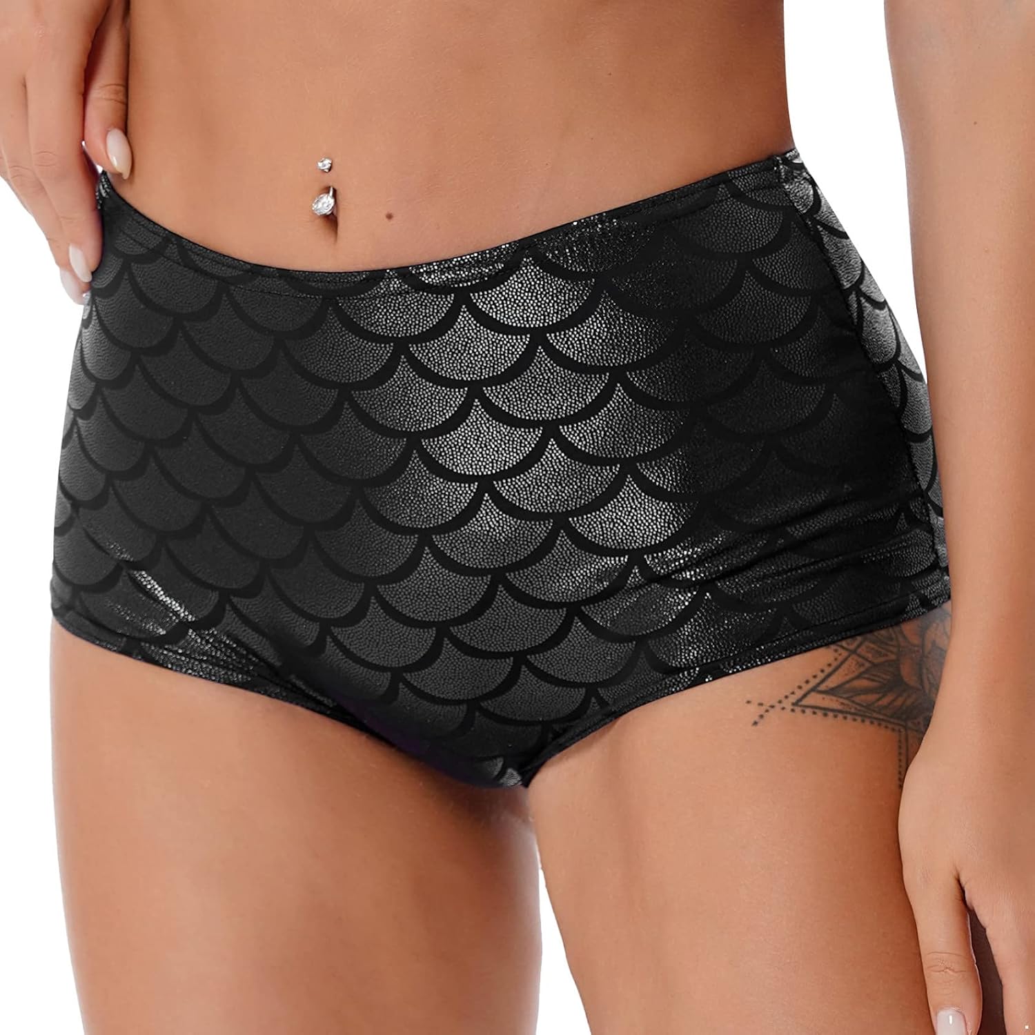 Women Shiny Fish Scale Rave Booty Shorts Dance Bottom Short Micro Hot Pants Festival Clubwear Black One Size