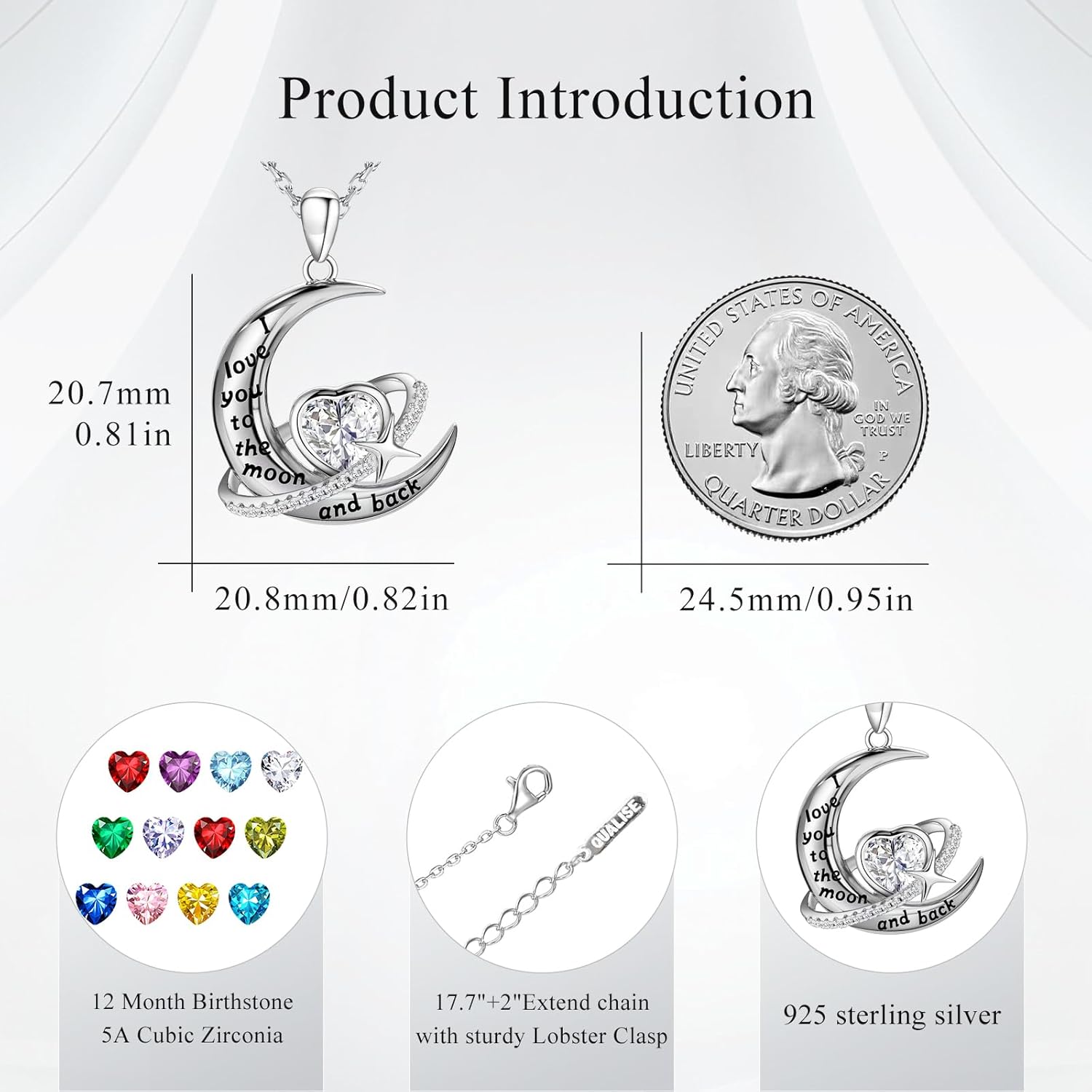 S925 Sterling Silver Moon Necklace for Women, I Love You to The Moon and Back Heart Birthstone Crescent Moon Star Pendant, Personalized Birthday Christmas Jewelry Gifts for Her/Mom/Wife - Image 4