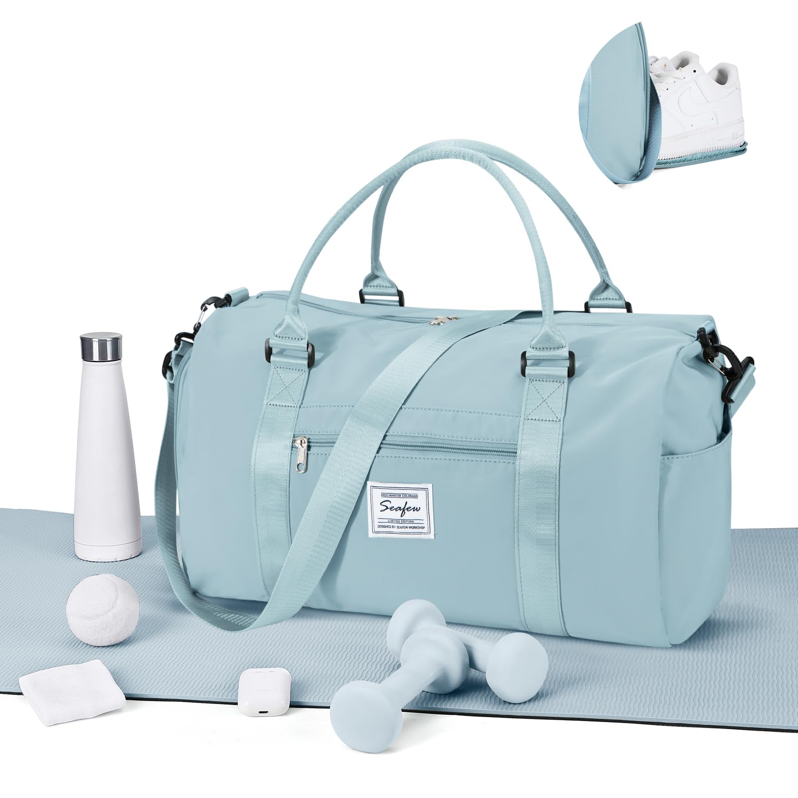 WEPLAN Sport Duffel Bag Damen Herren Sporttasche mit Schuhfach & Nassfach Reisetasche Handgepäck Tasche Sporttaschen Fitness Gym Bag Weekender Travel Bag Schwimmtasche Trainingstasche,A3-Himmelblau