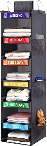 Organizador semanal de ropa de 6 estantes para niños, organización diaria colgante de armario con 6 bolsillos laterales, divisor de ropa para los