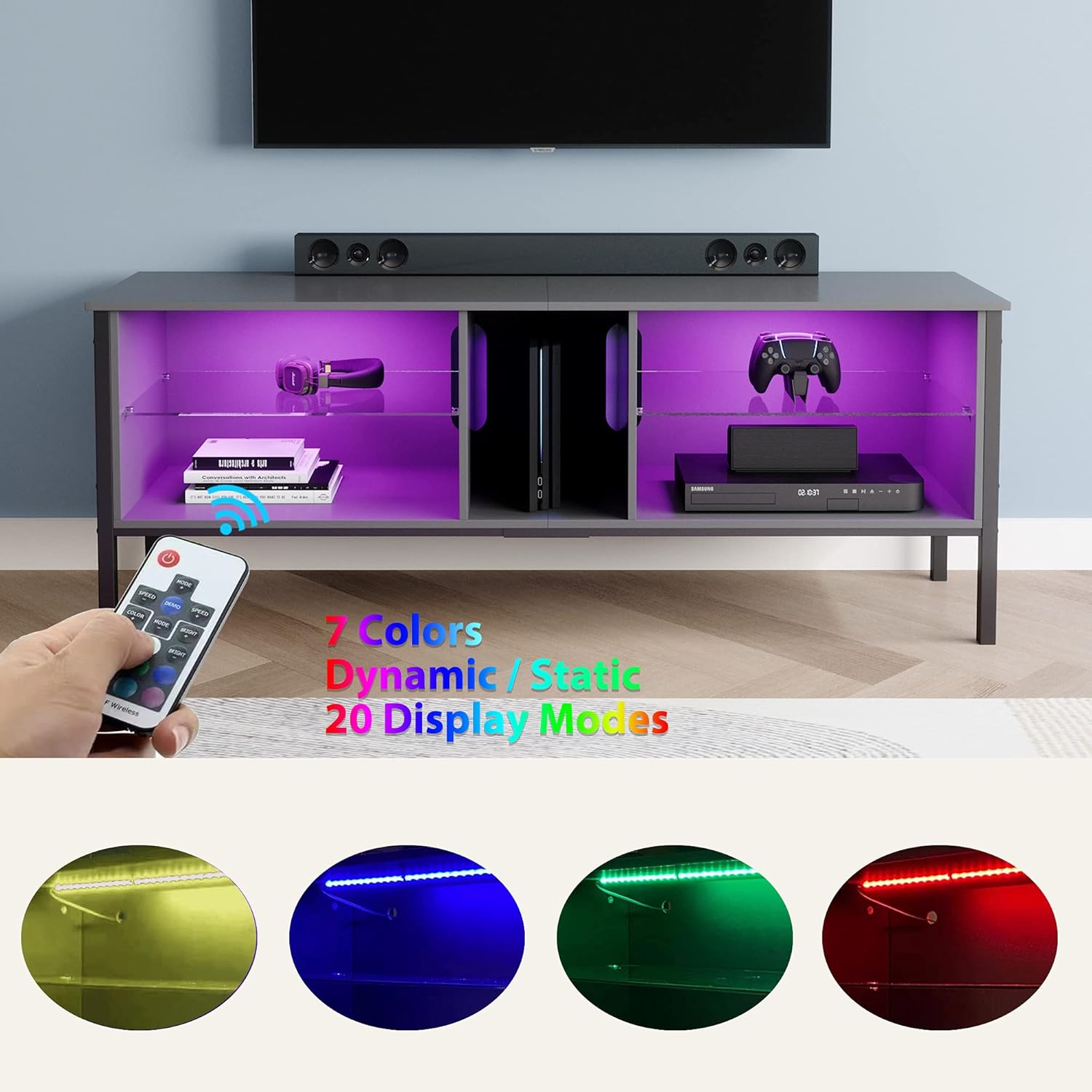 Bestier 63 Modern TV Stand 20 Color LED Entertainment Center,TV Console High Glass Television Stands with 2-Layers Storage Cabinet Media Player Wall Mounted for Living Bedroom up to 75 inch TV : Home & Kitchen