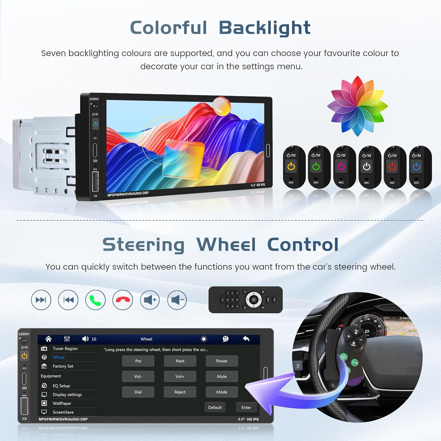 Single Din Car Radio Stereo with Wireless Apple Carplay Android Auto, 6.9" HD Touch Screen Car Radio Bluetooth Receiver, Mirror Link, Backup Camera GPS Navigation USB/Type-C Charge FM EQ SWC MP5