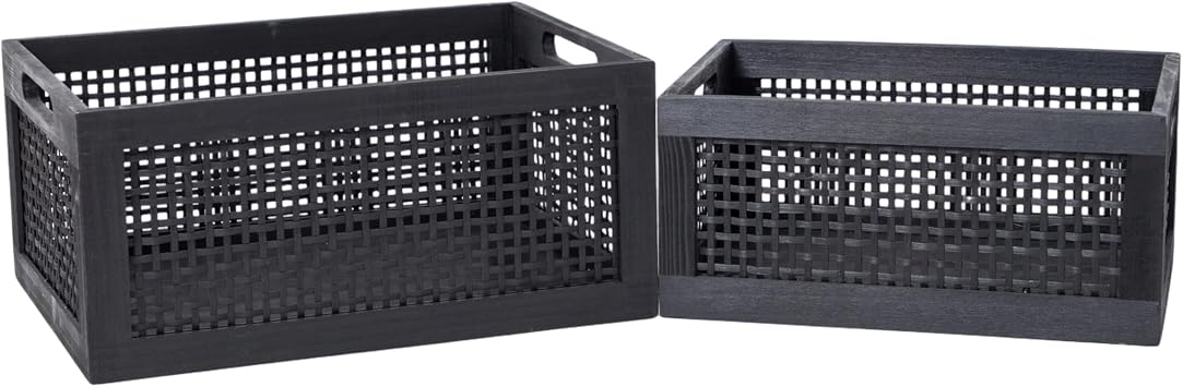 Wooden Storage Baskets,Black Woven Bamboo Basket Nesting Boxes with Built-in Handle for Pantry, Kitchen,Living Room,Shelves,Set of 2
