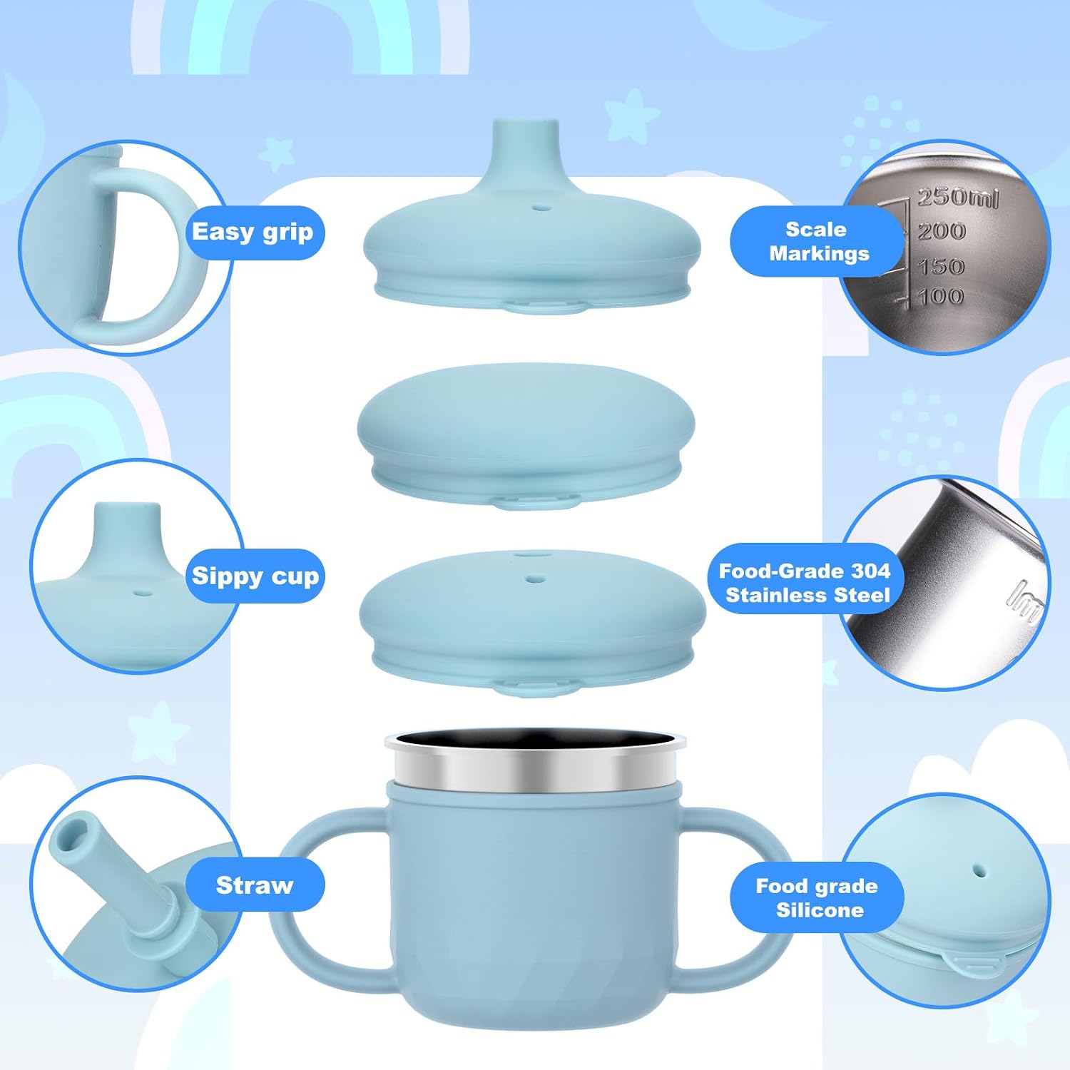 BUSOHA Stainless Steel Toddler Sippy Cup – 8oz Spill-Proof Straw Cup for 6+ Month Babies & Toddlers, 3-in-1 Reusable Travel Cup with Brush – Dishwasher Safe, Kids Drinking Cup, Blue