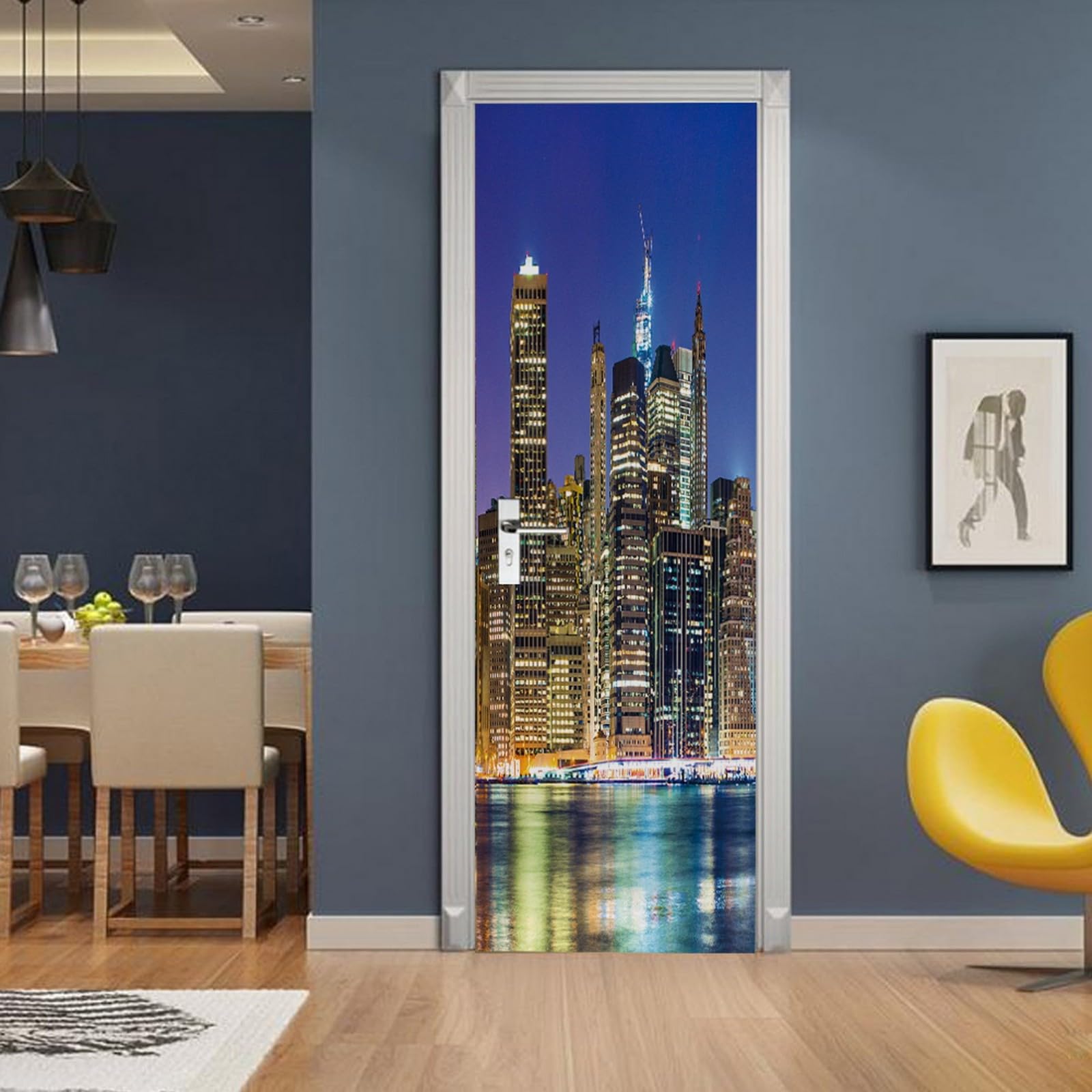 A.Monamour Sticker Porte Autocollant Poster De Porte 3D New York Ville Cityscape Horizon À La