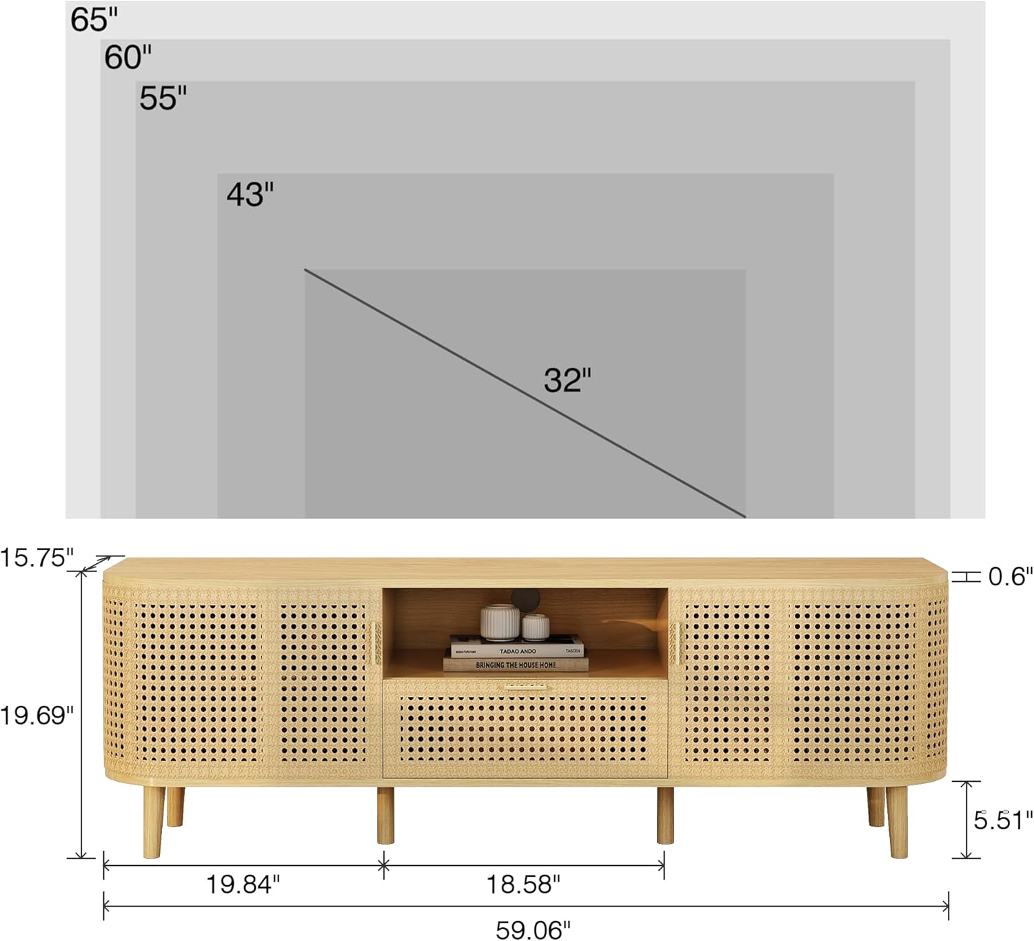 Diagram showing the dimensions of the ORRD TV stand and compatible TV sizes up to 65 inches.