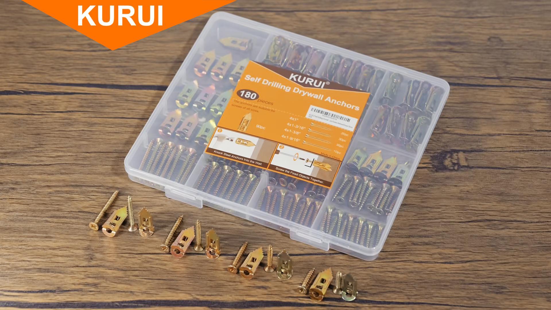Image of KURUI 180Pcs Self Drilling Drywall Anchors with Screws Kit, Fixion Tools Metal & Heavy Duty Grip Anchors for Wall, Sheetrock, Expansion Assorted Sizes Anchor for Picture Frames, Shelves & Home Decor