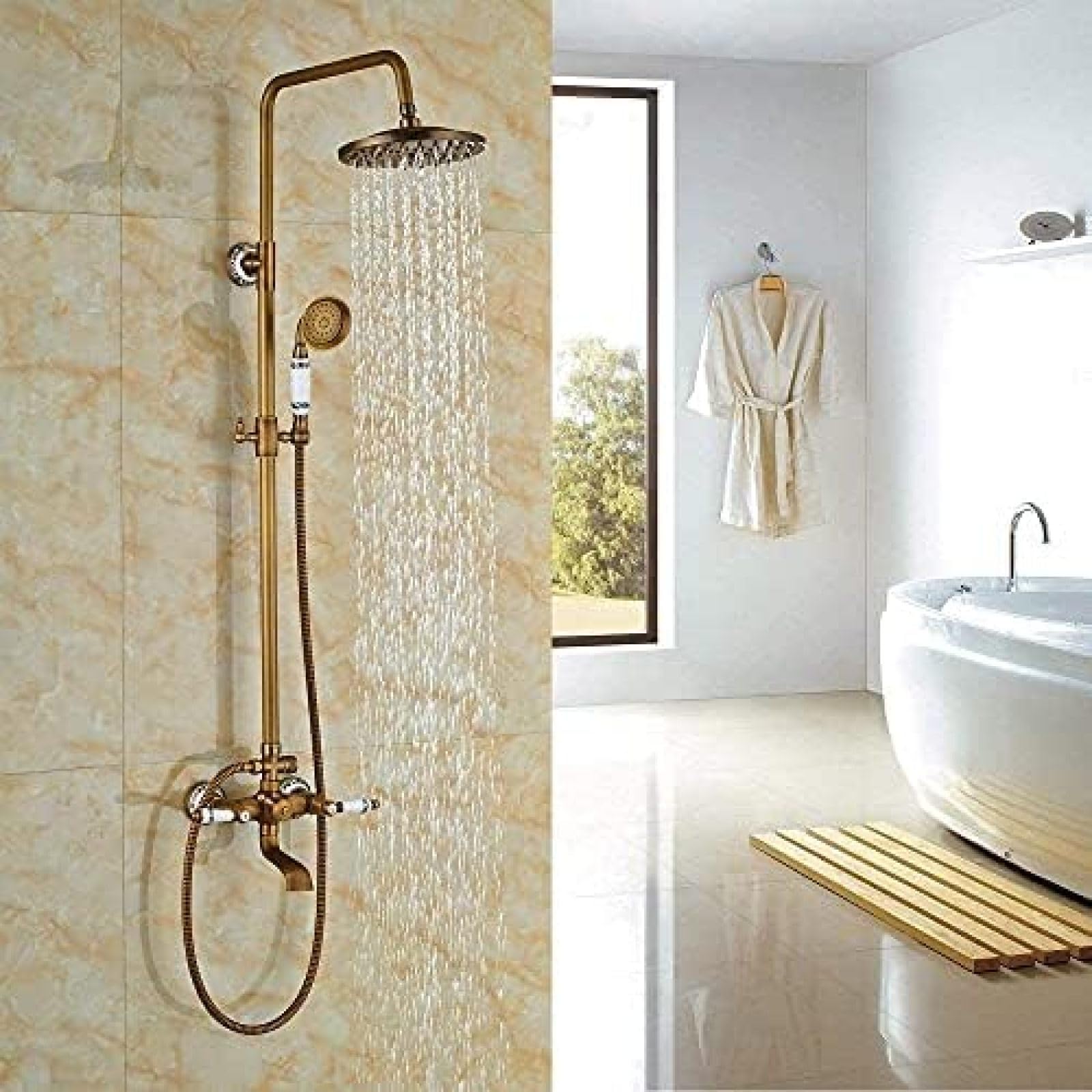 Système de robinet de douche en laiton antique mural avec bec de baignoire complet