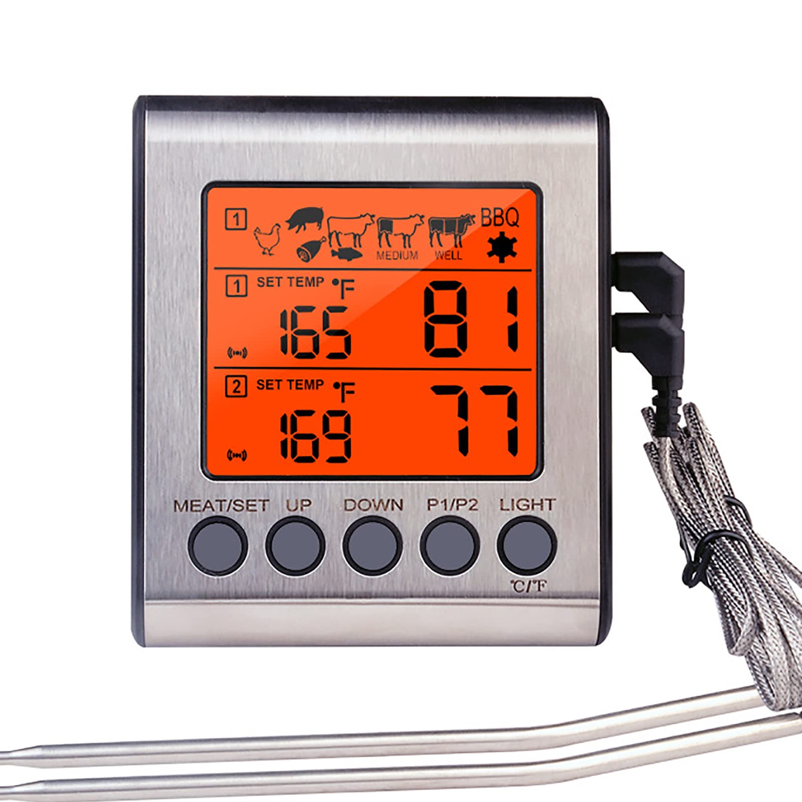 Termómetro digital para cocinar carne con sonda dual, termómetro para carne de lectura instantánea con función de alarma y calibración