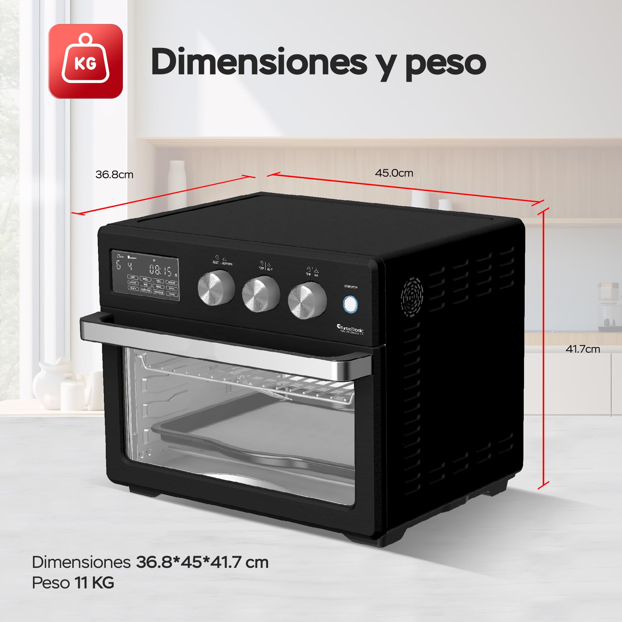 TurboTronic Horno de Aire Caliente XXL 32L con Spiedo Giratorio, 5 en 1: Horno, Deshidratador, Freidora sin Aceite, desde 25°C, Potencia 1700W