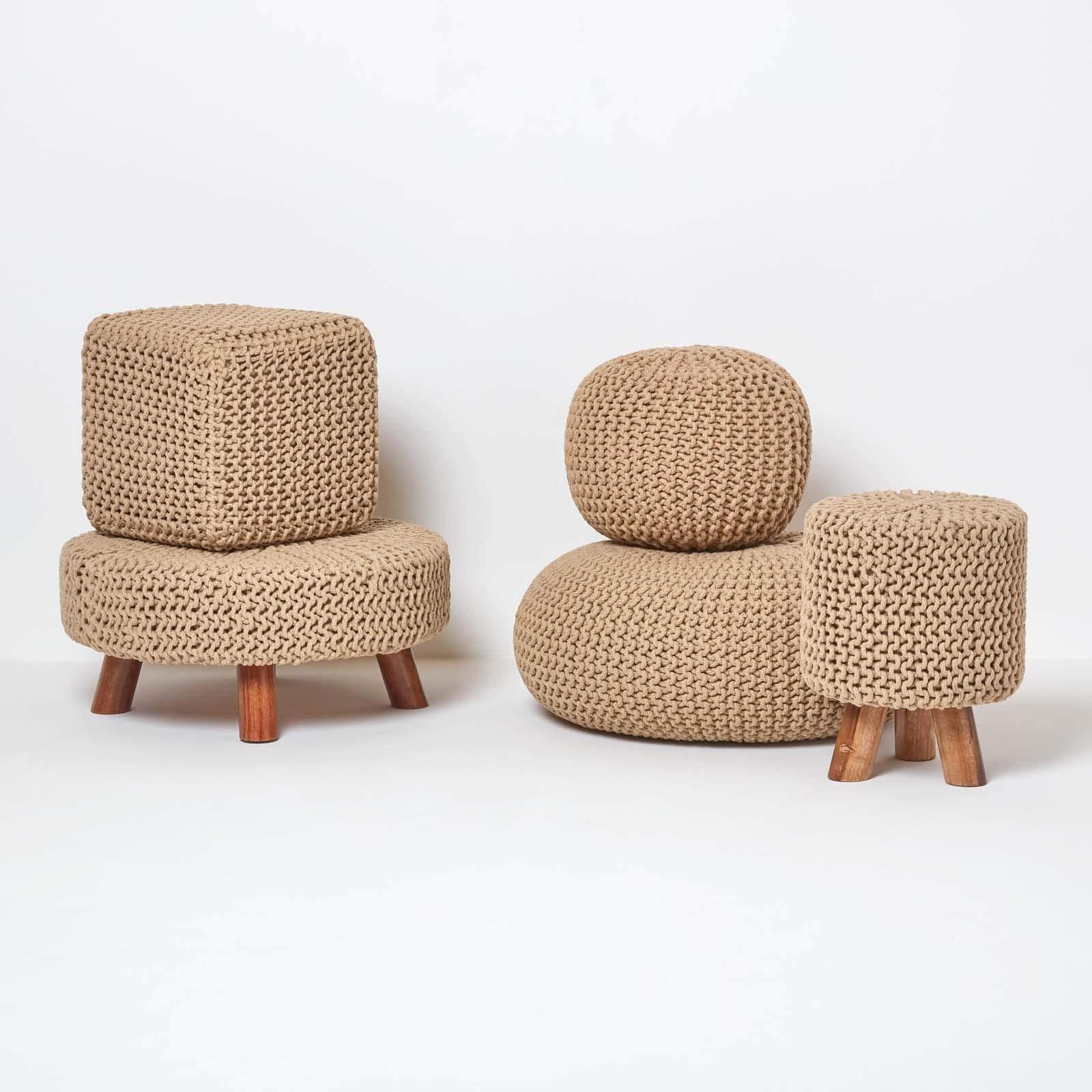 HOMESCAPES Pouf rotondo intrecciato in cotone, pouf lavorato a maglia, colore beige, 40 x 35 cm