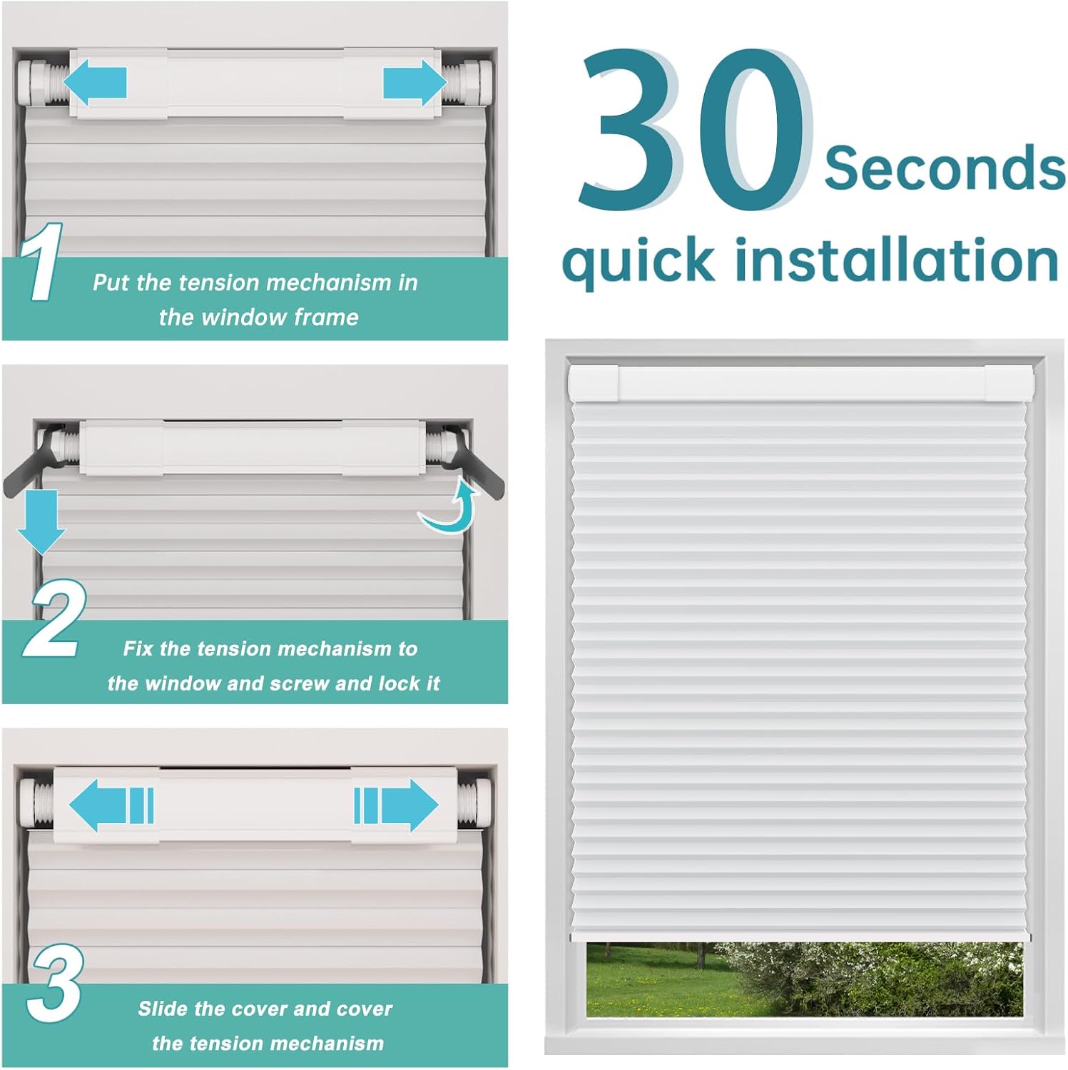 Changshade No Drill No Tools Blackout Cellular Shades,Cordless Blinds for Indoor Windows,Room Darkening Window Shades Honeycomb Blinds for Bedroom,Office,Home,34" w x 64" h,White