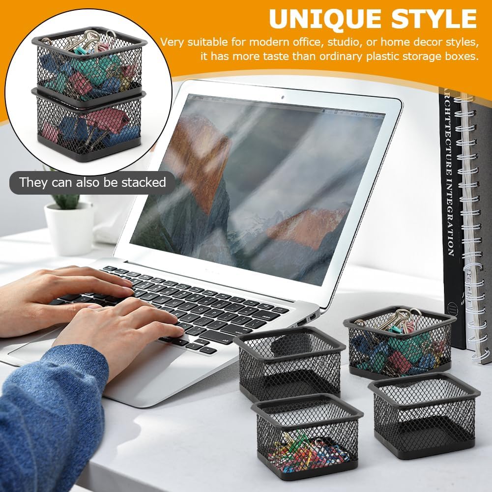 Paper Clip Holder, Stackable Mesh Desk Organizer, 4 Pack Black Metal Dispenser Organizer Box for Desk Office Binder Supplies & Small Accessories(Size:Square)