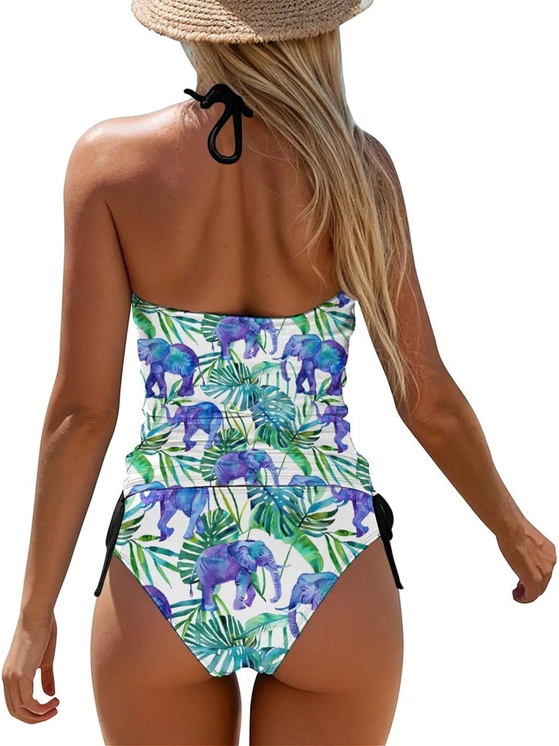 Blue Elephant Leaves Novelty Women's Swimwear Set 2 Pcs Tankini String Swimsuits Bathing Suits