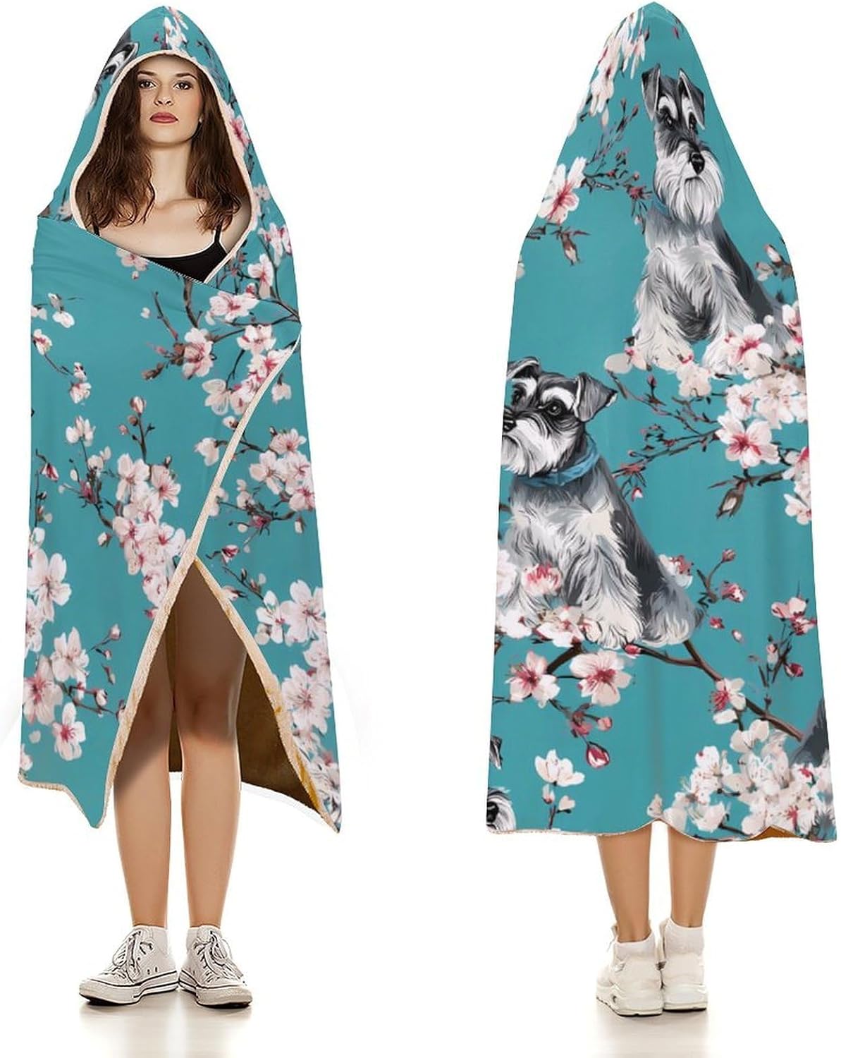 Schnauzer Cherries Flower Wearable Blanket Hoodie | Flannel Fuzzy Machine Washable Home Camping Lounging