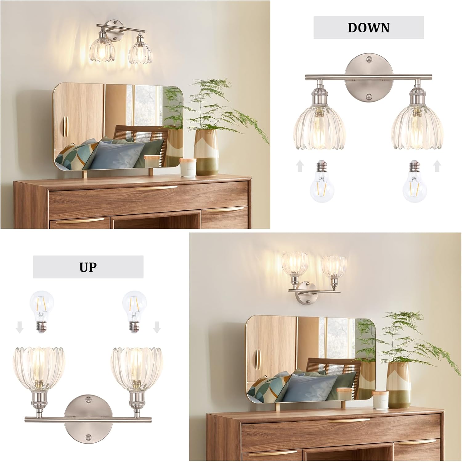 Bathroom Light Fixtures, 2-Light Vanity wall Light Over Mirror with Clear Tulip Glass Shade for Bedroom Living Room (Bulb Not Included), Satin Nickel