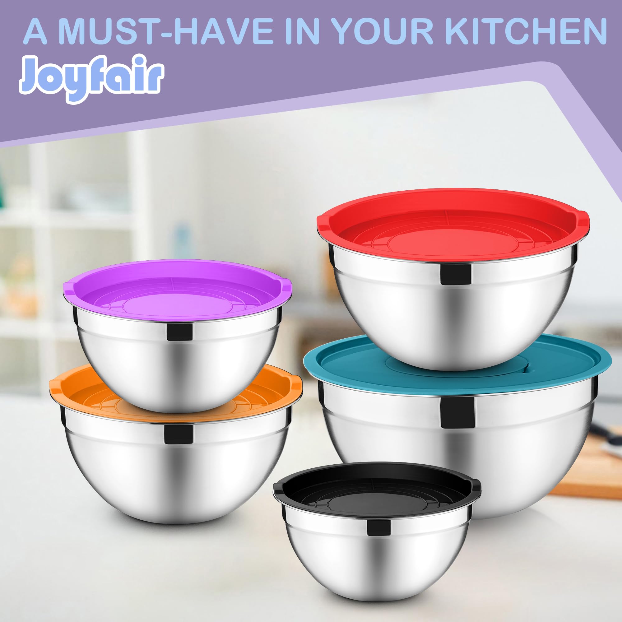 Joyfair Juego de 5 cuencos para mezclar, ensalada anidable de acero inoxidable con tapas herméticas, 3 accesorios de rallador y juego de almacenamiento de metal para hornear y preparar mezclas, tamaño